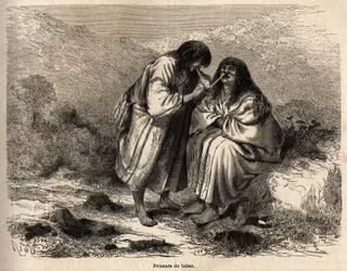 Tabaksveilers, opgemaakt volgens de traditie van de stam van de Antis (Peru), tekening door Riou, ter illustratie van Paul Marcoy