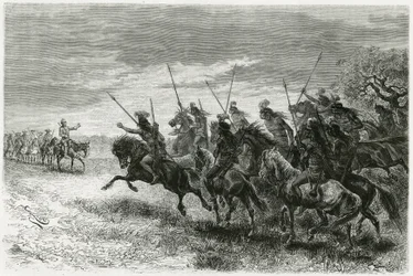 Tobas-indianen (uit de Chaco-regio, tussen Paraguay en Bolivia) weigeren over te gaan naar de colonne van de Thouar-expeditie. Gravure door Riou, ter illustratie van het verhaal 