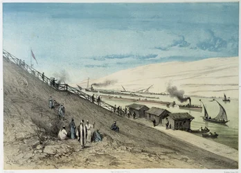 Uitzicht op het kanaal bij de Inauguratie van het Suezkanaal door G. Nicole. 1869