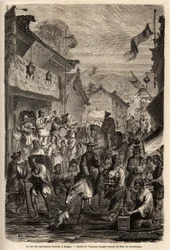 De straat van kledinghandelaren, Kalgan, Mongolië. Tekening door Vaumort (? -1886), ter illustratie van de reis van Shanghai naar Moskou, van 1859 tot 1862, van M. de Bourboulon, Franse minister in China. Gravure in 