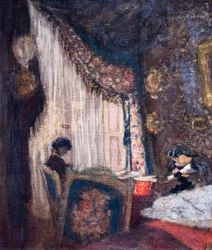 Madame Hessel en Madame Aron naaien in de salon van Ormesson, circa 1902 (olieverf op doek)