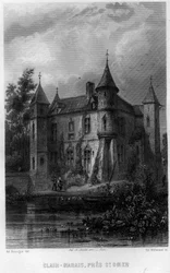 Clair moeras (Clair-Marais of Clairmarais) nabij Saint Omer (Saint Omer), Pas-de-Calais, regio Nord-Pas-de-Calais (Nord Pas de Calais), Frankrijk. Gravure door Willmann in 