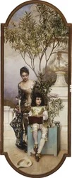 Moeder en kind schetsen in het park, 1886