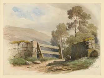 Landschap met stenen muur en poort