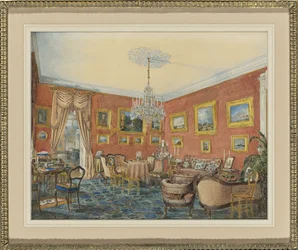 Zicht op de tekenkamer van de kunstenaar in zijn herenhuis aan de Neva in Sint-Petersburg, 1859