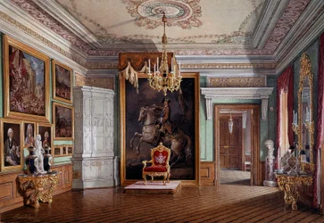 Zicht op de troonzaal van Paul I (1754-1801) in Gatchina, in het midden het portret van Peter I Aquarel van Eduard (Edward) Hau (1807-1870) 19e eeuw Sint-Petersburg, Hermitage Museum