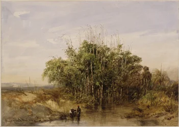Bambusstruiken aan het water, met figuren op de achtergrond