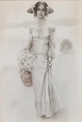 Een meisje met een kruik en een boeket bloemen, 1914