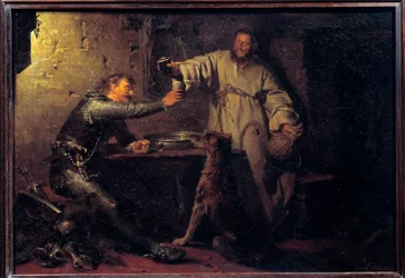 Middelbare krijger proost met een kluizenaar in een taverne
