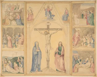 Christus aan het kruis met zes scènes uit het leven van Christus