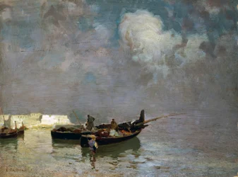 Marina met vissers, door Eduardo Dalbono (1841-1915), olieverf op doek, 34x45 cm