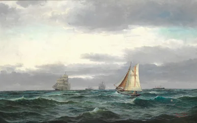 Marine met verschillende schepen, grijze regenwolken en een beetje blauwe lucht