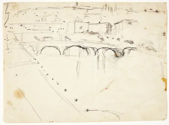 Uitzicht vanuit een raam bij Lungarno over de rivier richting Santo Spirito en San Miniato heuvels, Florence