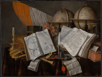 Een vanitas stilleven met een vlag, kandelaar, muziekinstrumenten, boeken, schrijfgerei, globes en zandloper