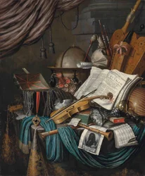 Een globe, een kist met juwelen en medaillons, boeken, een draailier, een doedelzak, een luit, een viool, een omgekeerde zilveren tazza en roemer, een nautilusschelp, een blokfluit, een schalmei, een prent met een zelfportret van de kunstenaar en een muzie