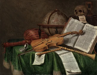 Vanitas stilleven met een astrologische globe, een viool, een schedel, een zandloper, een open boek, een partituur, een horloge, een luit en andere muziekinstrumenten op een gedrapeerde tafel, 1680s