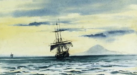 Het laatste zicht op Mount Discovery: SS. "Morning" en "Terra Nova" volgen de "Discovery" uit McMurdo Strait