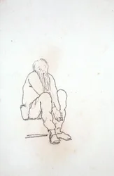 Zelfportret van de kunstenaar, zittend, met zijn handen tussen zijn knieën, uit een album met tekeningen
