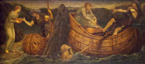 Cupido en Psyche - Palace Green Muurschilderingen - Psyche geeft de munt aan de veerman van de Styx, 1881