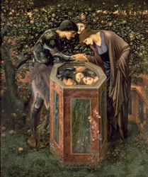 Het onheilspellende hoofd, illustratie uit ’The Earthly Paradise’ van William Morris; Perseus toont Andromeda het hoofd van Medusa, weerspiegeld in een put