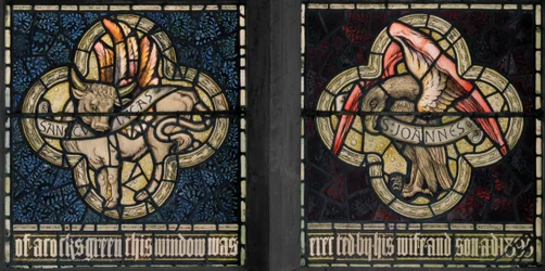Birmingham, Acocks Green, St Mary the Virgin, Morris & Co., Edward Burne-Jones, John Henry Dearle (1859-1932), Symbolen van de evangelisten, Sint-Lucas en Sint-Jan, 1895