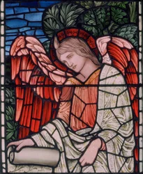 Birmingham, Acocks Green, St Mary the Virgin, Morris & Co., Edward Burne-Jones, John Henry Dearle (1859-1932), Engel met boekrol, detail, 1895