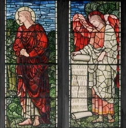 Birmingham, Acocks Green, St Mary the Virgin, Morris & Co., Edward Burne-Jones, John Henry Dearle (1859-1932), Sint-Jan en engel met boekrol, 1895