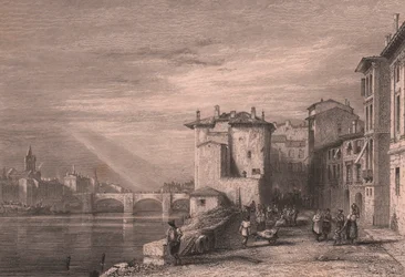 Gezicht op Verona aan de rivier de Adige, Veneto, Italië, staalgravure door Edward Francis Finden (1791-1857) naar tekening van Augustus Wall Calcott (1779-1844), ca 12x10 cm