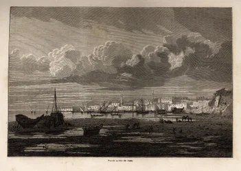 Uitzicht op de stad Suez (Egypte), tekening door Grenet, ter illustratie van een excursie naar het Suezkanaal, in 1862, door Paul Merruau. Gravure in 