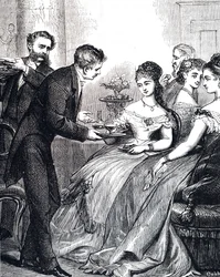 Gravure die een heer toont die een dame een schotel gelei aanbiedt tijdens een diner