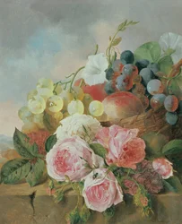 Stilleven van fruit en rozen op een richel