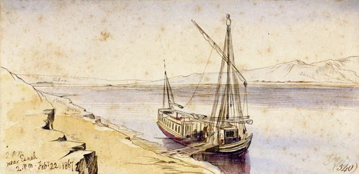 Een traditionele Egyptische boot aanmeren aan een oever van de Nijl, nabij Esneh (Egypte). Gekleurde aquareltekening