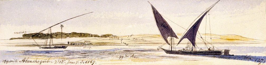 De omvang van de Nijl en zijn oevers, met twee traditionele Egyptische boten, waaronder een Dahabeeya