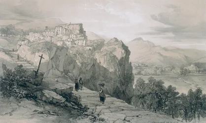 Gezichten in Rome en omgeving: Rocca Giovane en in de verte de steden Licenza en Civitella di Licenza
