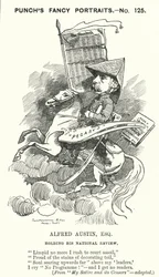 Punch cartoon: Alfred Austin, Engelse dichter en redacteur van de National Review (gravure)