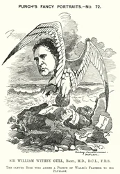 Punch cartoon: Sir William Withey Gull, Engelse arts die de Prins van Wales behandelde voor tyfus en werd arts in gewone dienst van koningin Victoria