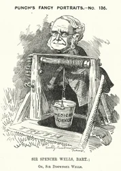 Punch cartoon: Thomas Spencer Wells, Engelse arts, chirurg van koningin Victoria (gravure)