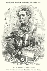 Punch cartoon: William Howard Russell, Ierse journalist en oorlogscorrespondent (gravure)