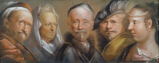 Studies van vijf hoofden naar Rembrandt (pastel op koperen plaat)
