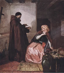 Julia en broeder Laurentius (Romeo en Julia) „Neem dit flesje, wanneer je in bed ligt, en drink deze gedistilleerde drank helemaal op“, uit The Complete Works of William Shakespeare, uitgegeven door J Coker & Co Ltd