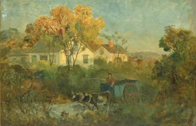 De drinkplaats man in kar met ossen bij poel, 1895