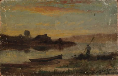 Zonder titel (landschap, boot afgemeerd bij de oever met wandelende man)