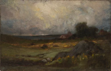 Zonder titel (landschap met rots op voorgrond en dak met torenspits, meer op achtergrond)
