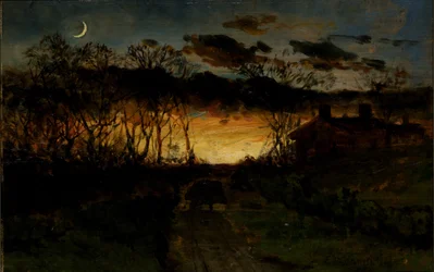 Zonder titel (zonsondergang met kwart maan en boerderij)