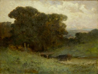 Naamloos boslandschap met brug, koeien in de stroom op de voorgrond, 1897