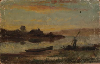 Landschap zonder titel, boot afgemeerd bij de oever met wandelende man, 1896.
