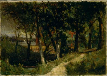 Naamloos landschap, bosscène met rode hek en gebouw