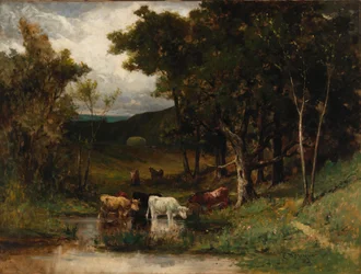 Naamloos Landschap met Koeien in een Stroom nabij Bomen, 1882