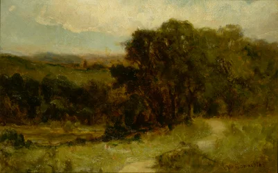 Naamloos landschap met weg bij stroom en bomen, n.d.