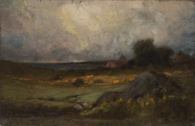 Naamloos landschap met rots op de voorgrond en dak met torenspits, meer op de achtergrond